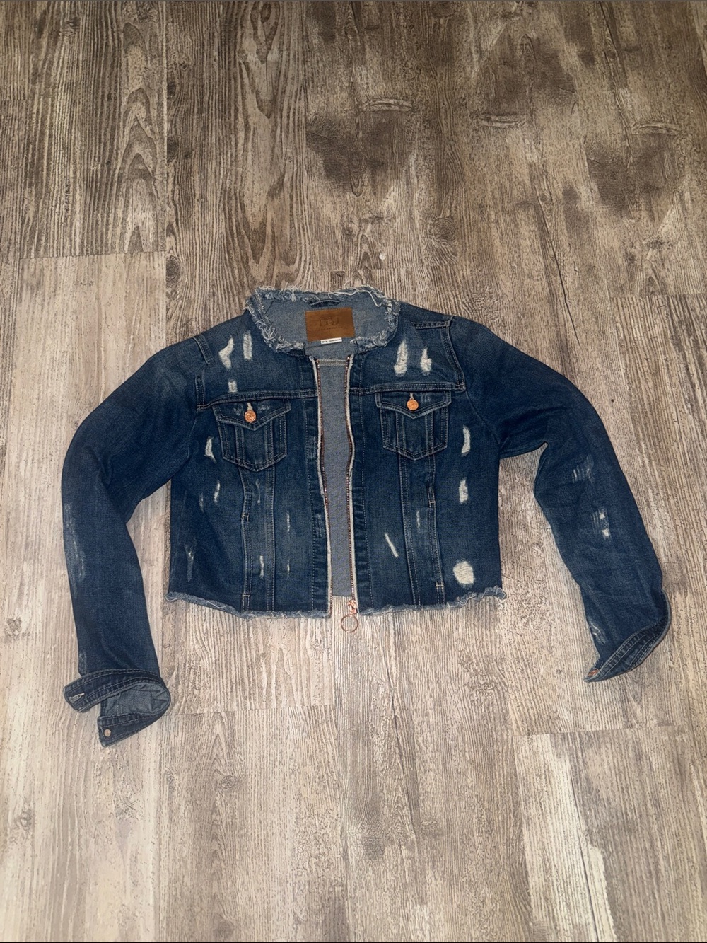 Cropped Distressed Blue Denim Jacket for Women